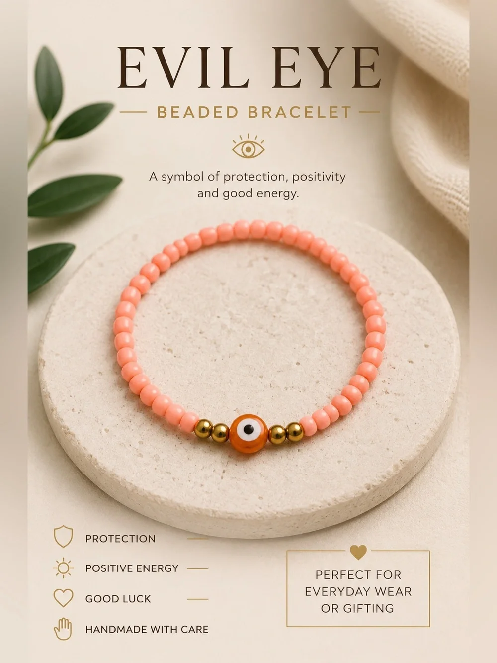 Evil Eye Beaded Bracelet - Coral Pink Protection Bracelet #10